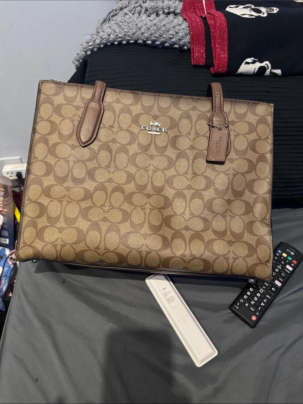Coach Brown Signature Canvas Tote with Leather Trim